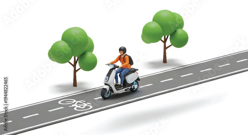 Man riding electric scooter on bike lane road with trees