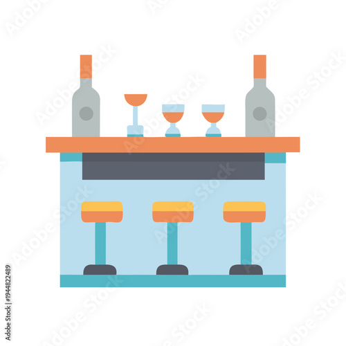 Stylized flat bar with bottles glasses and stools in a simple composition