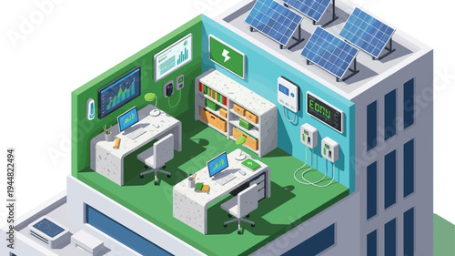 Isometric view shows an office floor powered by rooftop solar panels with digital monitoring screens displaying energy usage.