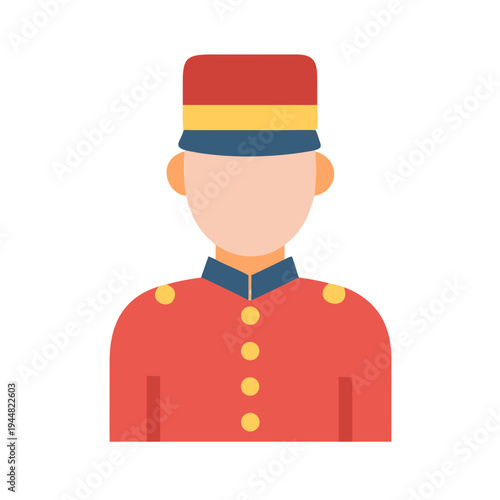 Flat style icon depicting a hotel bellhop in uniform on a black background