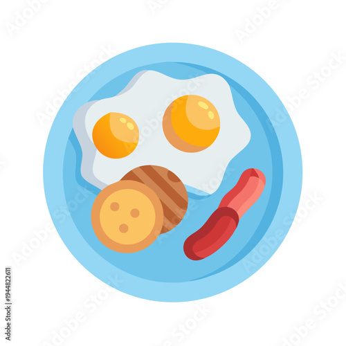 Colorful breakfast plate with fried eggs, sausage and hash browns illustration