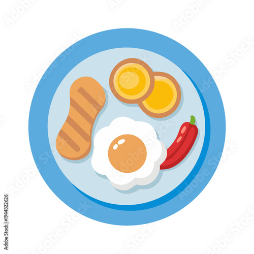 Stylized breakfast plate featuring fried egg, pepper, and hash browns illustration