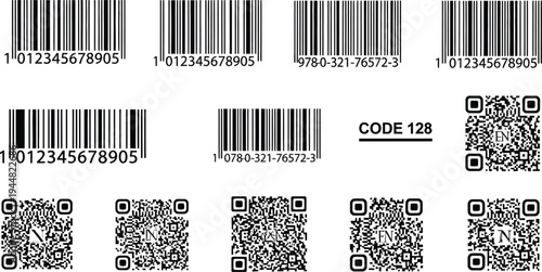 Various types of black and white 1D barcode formats and 2D QR codes are displayed against a white background for identification purposes.