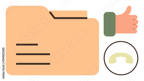 Business communication, organization, file management, approval process, feedback, contact information. A file folder, thumbs up and phone icon are displayed. Communication and organization