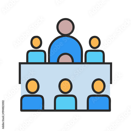 Minimalist meeting illustration showing attendees at a conference table with a leader