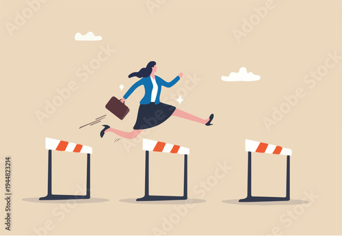 Overcome obstacle or challenge, success journey or aspirations, determination, progress or effort to overcome difficulty concept, confidence businesswoman entrepreneur jumping over series