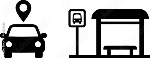 Car Location and Bus Stop Transport Icon Set with Map Pin and Public Transport Symbols