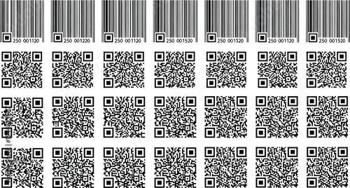 A grid displays numerous black and white QR codes alongside traditional linear barcodes for diverse data encoding applications.