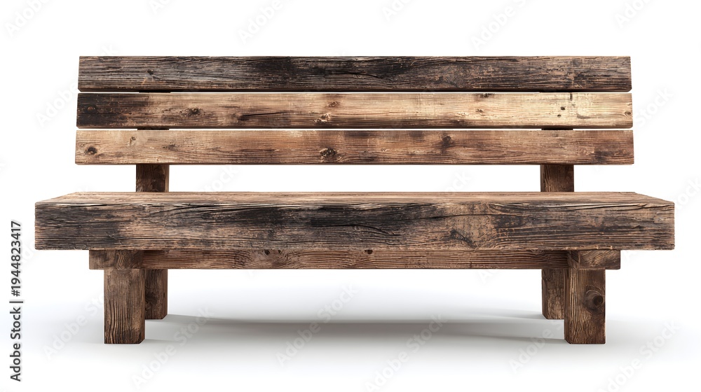 Fototapeta premium Rustic Wooden Park Bench Isolated on White Background.