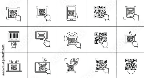 Several hands interact with digital interfaces featuring QR codes and barcodes across mobile phones, laptops, and display screens.