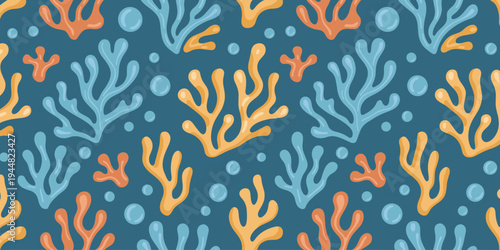 Seamless Pattern Of Colorful Coral And Bubbles On A Dark Blue Background reef underwater