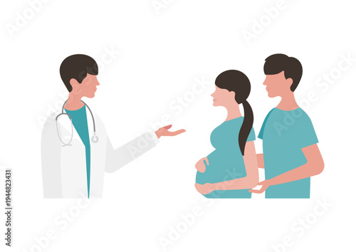 妊婦夫婦に医療説明をする医師のベクターイラスト素材（右向き）