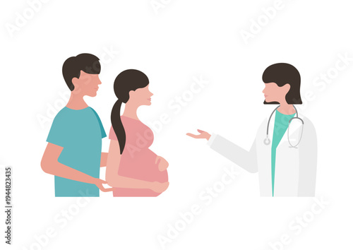 妊婦夫婦に医療説明をする女医のベクターイラスト素材（左向き）
