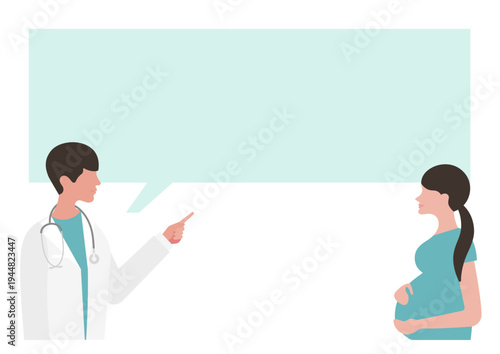 妊婦に指差し医療説明をする医師と吹き出しのベクターイラスト素材