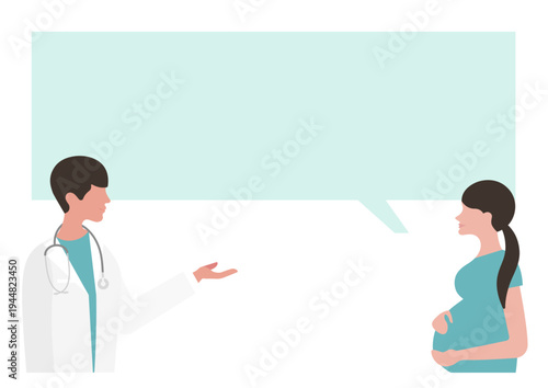 妊婦に医療説明をする医師と吹き出しのベクターイラスト素材