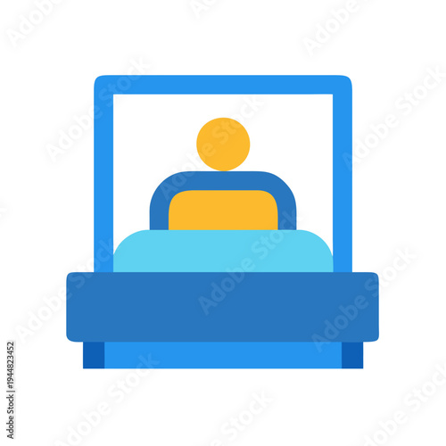 Simple flat graphic of a person in bed with blue bedframe