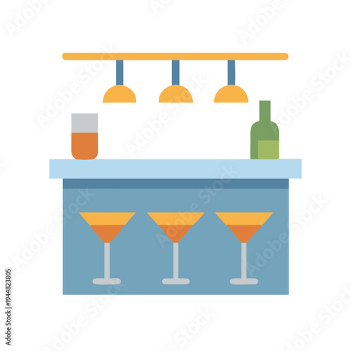 Stylized bar scene with drinks and lights in flat cartoon illustration