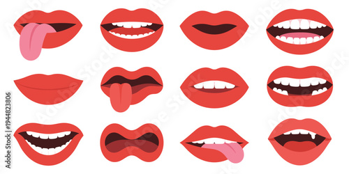 Twelve Red Lips Expressions with Tongues Out and Teeth Showing on White Background mouth lipstick