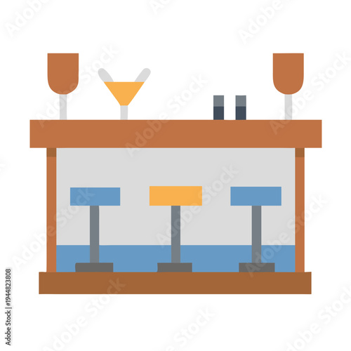 Stylish and modern bar interior, featuring bar stools, cocktails, and simple flat design