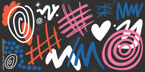 Vibrant Abstract Doodles and Shapes in White, Pink, Orange, and Blue on Black background