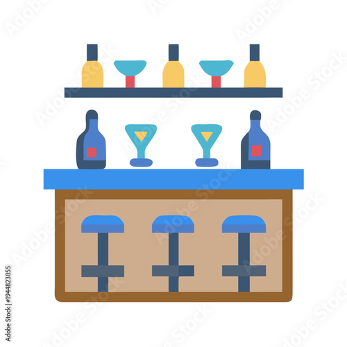 Stylized illustration of bar interior with drinks, bottles, and stools in a flat design