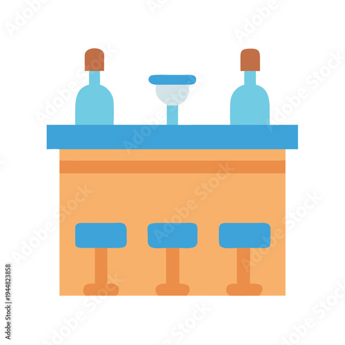Stylized flat design illustration of a bar with bottles, glass and stools