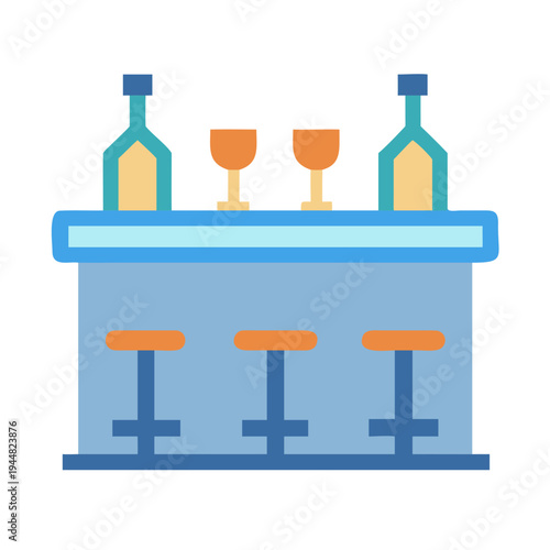 Stylized bar scene with bottles, glasses, and stools in flat design.
