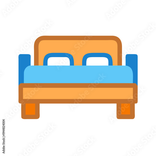 Stylized cartoon bed with blue bedding and orange frame on black background