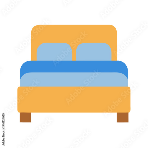 Isolated flat icon illustration of bed with pillows, blanket against a dark backdrop.