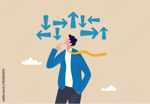 Decision making, decide the right way or choosing options, best alternative or solution to success, business direction or thinking concept, contemplation businessman making decision where