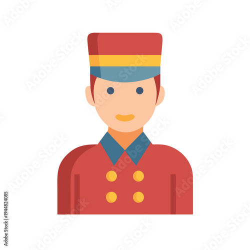 Flat vector graphic of a hotel bellhop with a cheerful smile