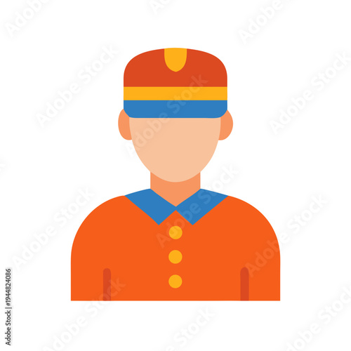 Flat vector graphic depicting hotel bellhop or doorman, simple design on black
