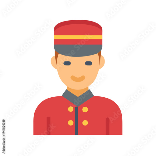 Hotel bellhop flat vector icon with red uniform and friendly expression
