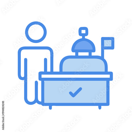 Blue stylized person at reception desk with service bell and check mark