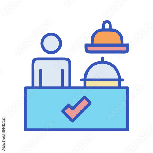 Reception desk icon with serving dish, person and check mark, simple design