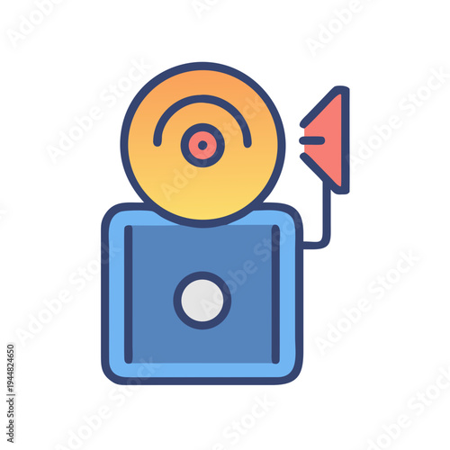 Stylized fire alarm illustration featuring a bell and alert device on black background