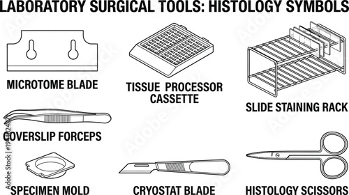 A collection of laboratory histology symbols details essential equipment used for tissue processing and slide preparation in science.