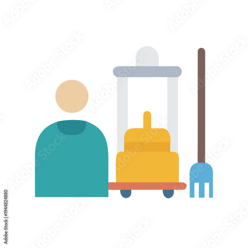 Flat hotel porter and luggage trolley vector illustration on a black background