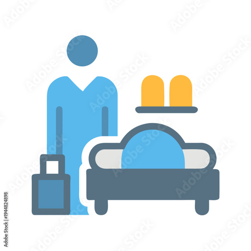 Stock image of guest arriving at a hotel with luggage and slippers