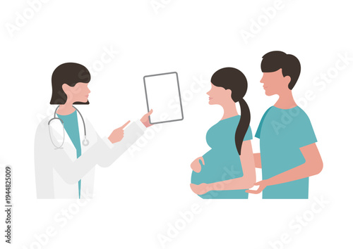 妊婦夫婦にタブレットで医療説明をする女医のベクターイラスト素材（右向き・ブルー）
