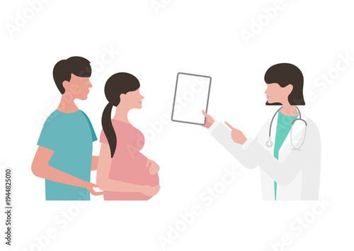 妊婦夫婦にタブレットで医療説明をする女医のベクターイラスト素材（左向き）