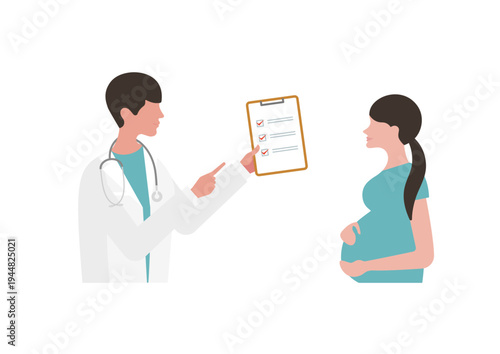 妊婦とチェックリストを持つ医師のベクターイラスト素材（右向き）
