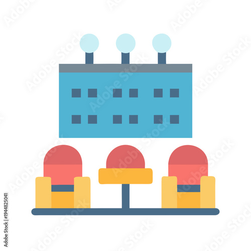 Minimalist movie theater scene with seating and screen on black background