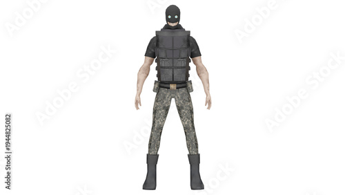 Foto Evil minion character in 3D rendering with dark attire and gear