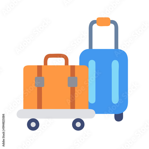 Two suitcases, one orange with wheels, the other blue with handle, on black