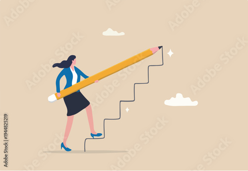 Create stair to success, growth or growing career path, planning for self improvement or leadership motivation, self made success concept, confidence businesswoman draw stair to climb