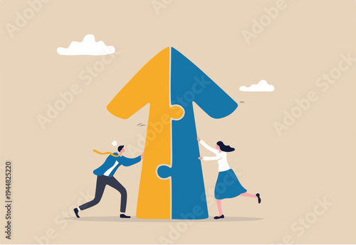 Merger and Acquisitions, partnership or work together, success puzzle, growth solution or cooperation, support or progress challenge concept, business people push arrow jigsaw to join to success