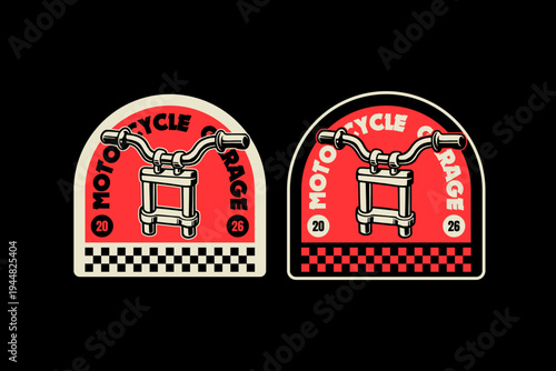 Motorcycle Handlebar, Front Fork Logo Badge Design. Retro Garage Bike Logo Patch for Motor Clubs, Classic Bike Vector Element Design