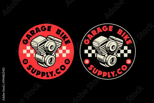 Motorcycle V-Twin Engine Logo Badge Design. Retro Garage Bike Logo Patch for Motor Clubs, Motorbike, Classic Bike Vector Element Design