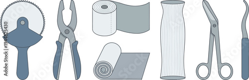 Various medical and first aid tools including scissors, pliers, and bandage rolls are displayed in a flat design style against a white background.